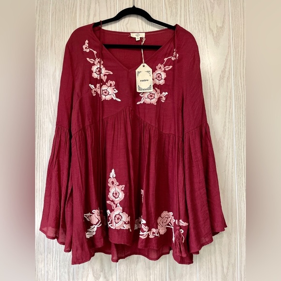 Entro NEW Burgundy Red Boho Floral Embroidered Long Sleeve Tunic Blouse Size L - Picture 1 of 3